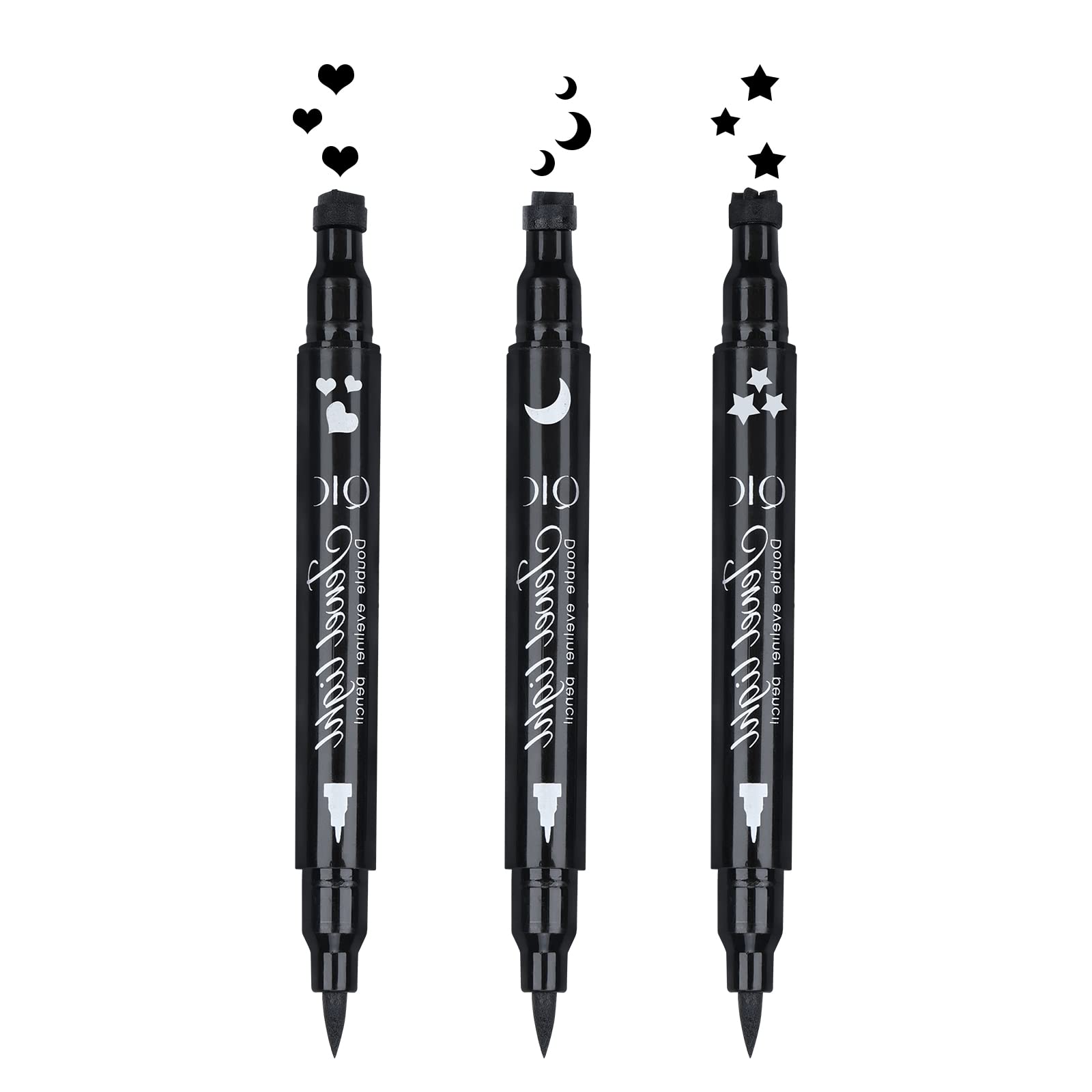 Yuccer 3 Pieces Eyeliner Stamp Set Long-lasting Make Up Liquid Eyeliner Black Pen Moky Eyes Makeup Star Moon Heart Flower Gift for Woman Friend (Star+ Moon+Heart)