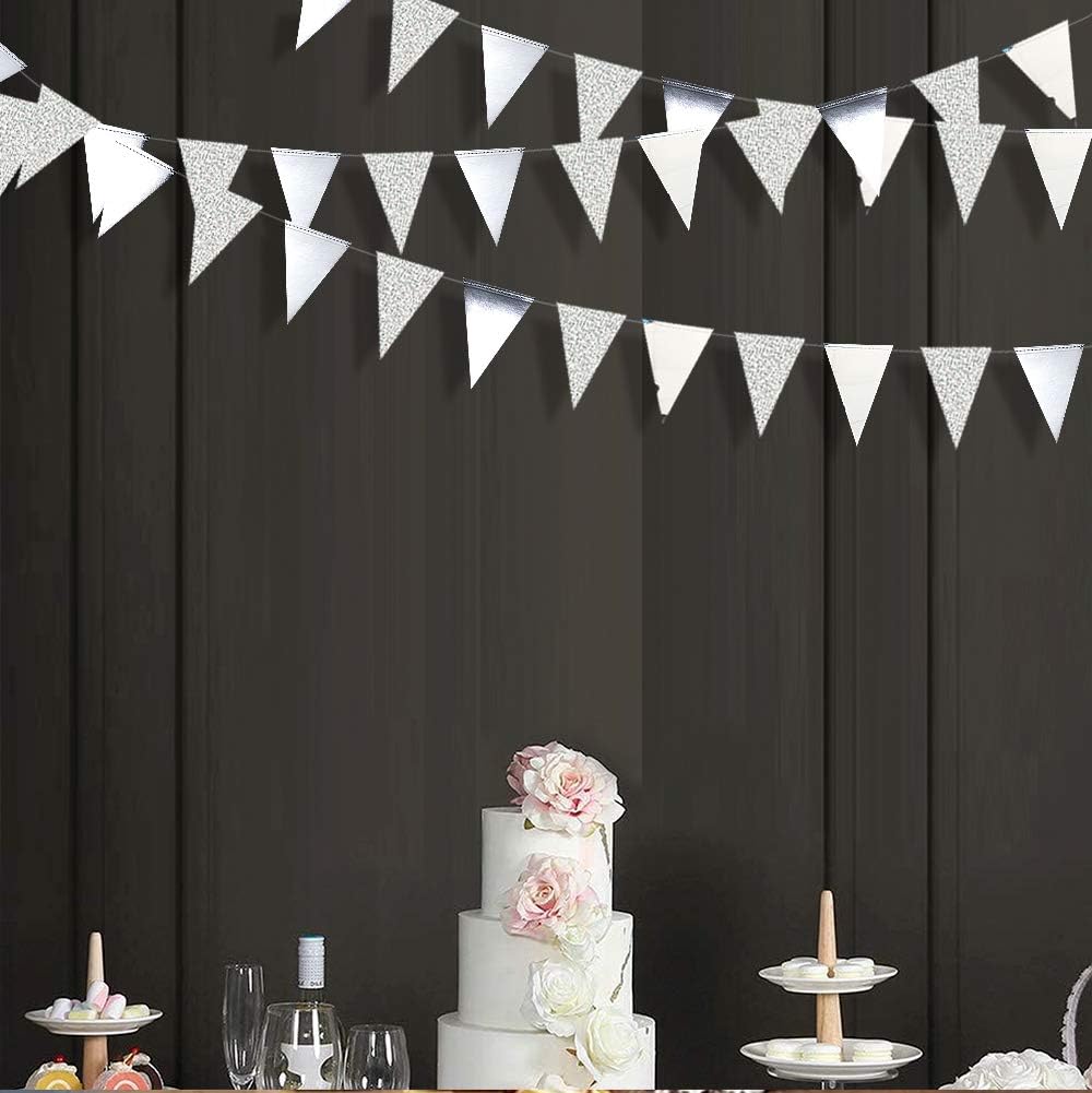 30 Ft Silver Party Decorations Glitter Metallic Paper Triangle Banner Flag Garland Pennant Bunting for Wedding Engagement Graduation Anniversary Bachelorette Birthday Baby Bridal Shower Party Supplies - Image 5