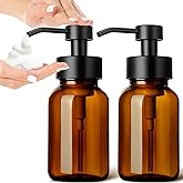 GMISUN Foaming Soap Dispenser, 8.5 fl oz / 250ml Amber Glass Foam Soap Dispenser for Bathroom & Kitchen, 2 Pack Modern Refillable Foaming Hand Soap Dispensers, Foam Pump Bottle with Waterproof Labels