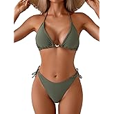 Eomenie Ribbed Bikini Sets for Women Sexy Halter Triangle Top Two Piece Bathing Suit Tie Side Swimsuit