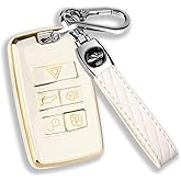 QBUC for Land Rover Key Fob Cover with KeyChain Soft TPU Gold Trim Key Case Full Protection Compatible with 2018-2026 Land Rover Range Rover Evoque Sport Vogue Discovery 5 Jaguar E I-PACE (white)