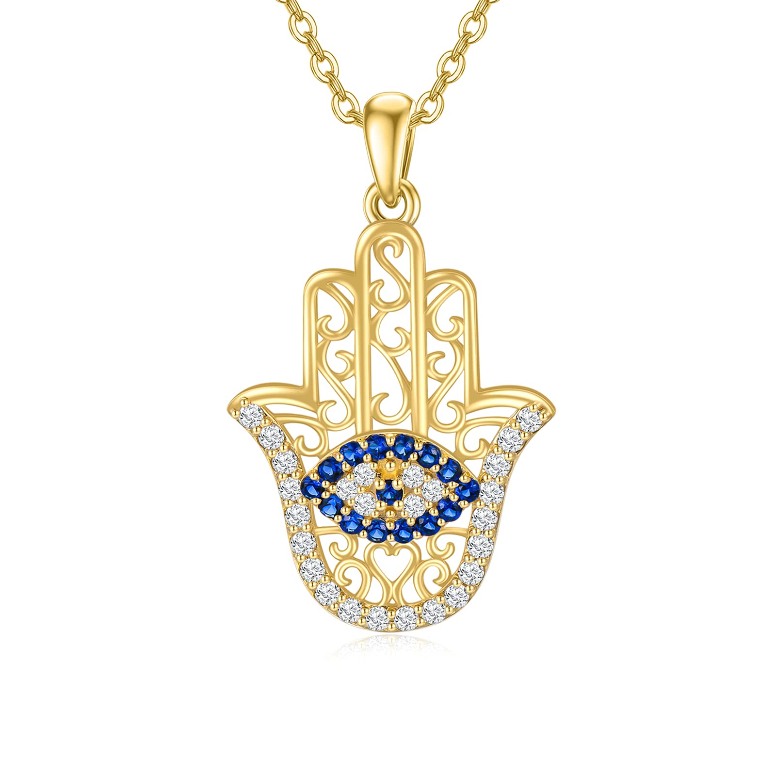 SISGEM 9 ct Gold Hamsa Hand Necklace, Solid Yellow Gold Evil Eye Pendant Necklace, Amulet Gift for Women Girls Ladies Mum Sisters, 16"+1"+1"