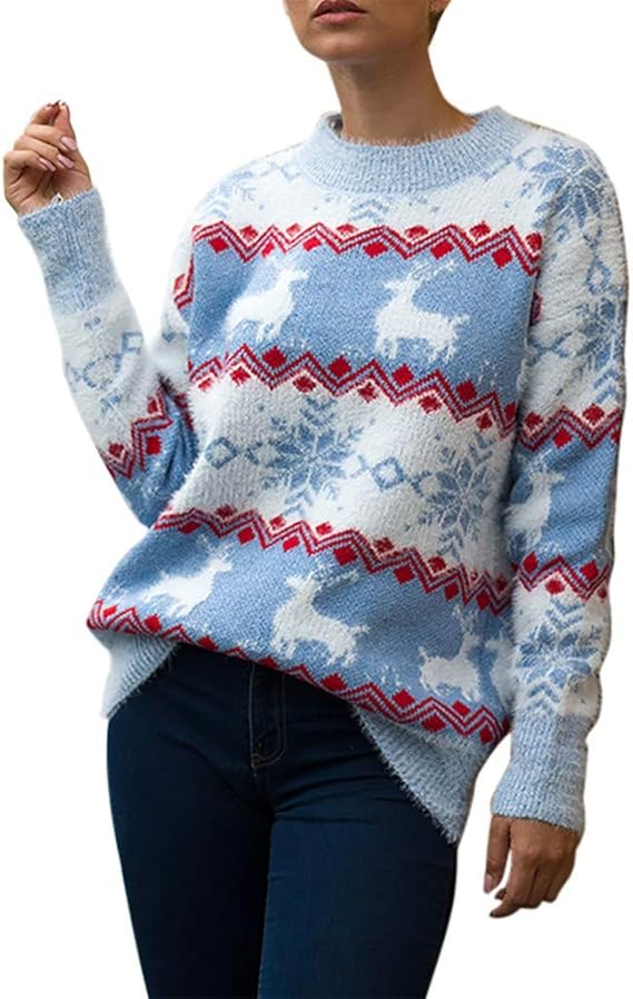 Strickpullover Tops Damen Weihnachts Pullover Elk Gedruckt Pulli Jumper