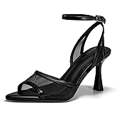 Coutgo Womens Mesh Kitten Heels Sandals Pointed Open Toe Ankle Buckle Strap Summer Dress Shoes, Black, size 7