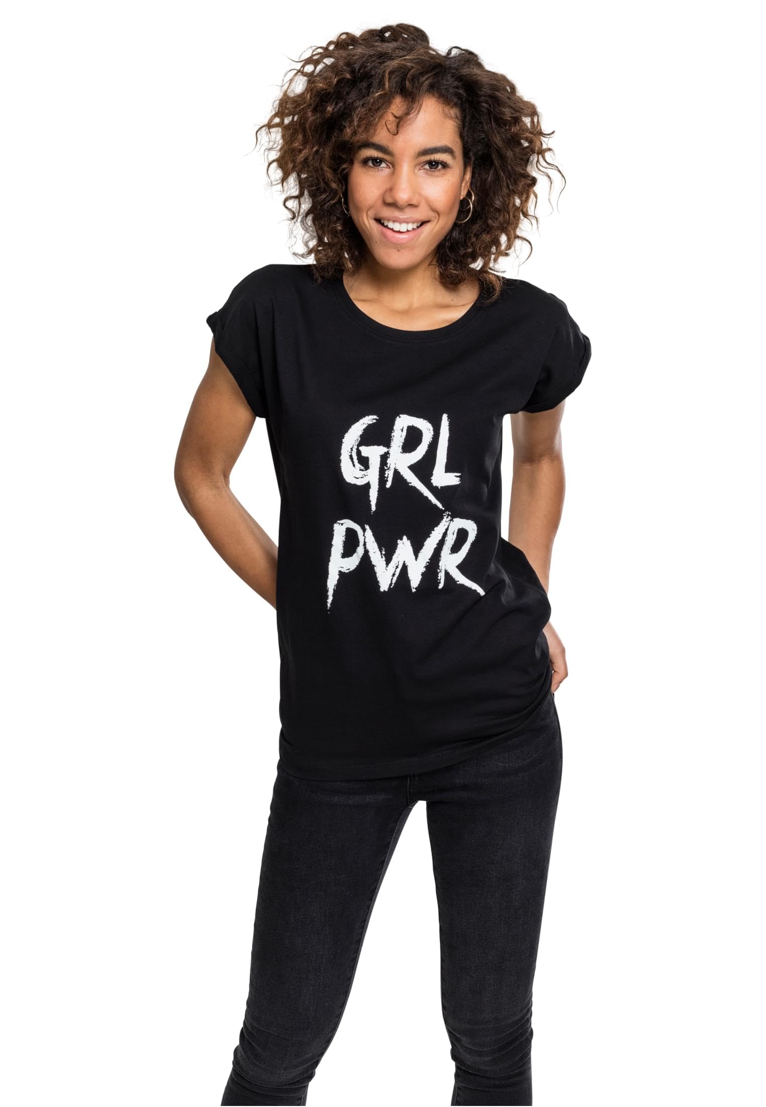 Mister Tee Damen Ladies GRL PWR Tee T-Shirt, Black, M