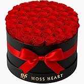 Moss Heart 50 Preserved Roses in Designer Round Box, Real Forever Roses, Long-Lasting 1+ Year, No Watering, Luxury Home Décor Arrangement, Valentine’s Day Gift for Wife or Girlfriend