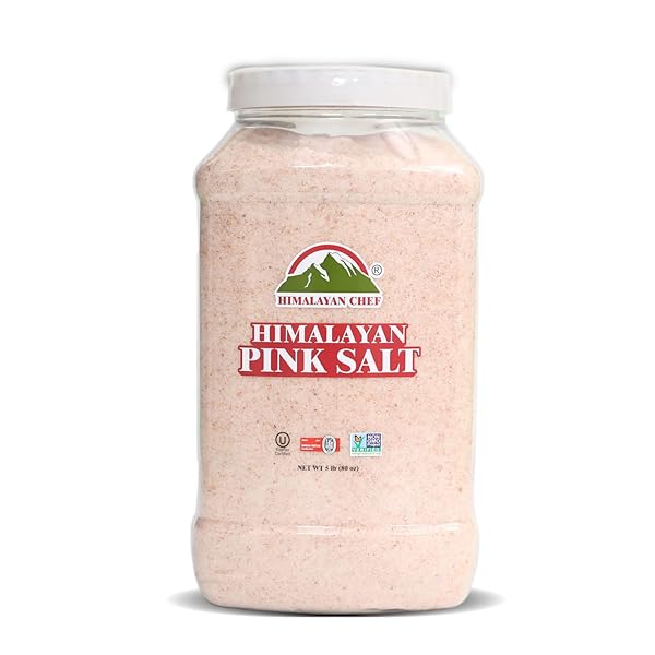 HIMALAYAN CHEF HIMALAYAN PINK SALT – 5 LBS FINE GRAIN PLASTIC JAR – 100% NATURAL AND PURE GOURMET CRYSTAL – CONTAINS 84 ESSENTIAL MINERALS | KOSHER AND VEGAN CERTIFIED