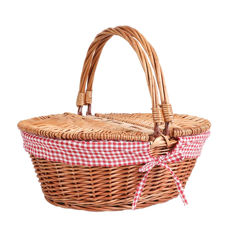 display4top Oval Country Style Wicker Picnic Basket with Folding Handles & Liners For Picnics, Parties and BBQs - 40cm(L) x 30cm(W) x 20cm(H)