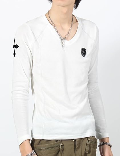 Amazon お兄系 ロンt メンズ メタルプレートクロスラメステッチvネックロンt お兄系ロンｔ ホワイト L Tシャツ カットソー 通販