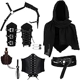 Ramede 8 Pcs Mens Renaissance Costume Medieval Knight Viking Armor Leather Half Shoulder Belt Shawl Cape Buckle Bracers Sword Frog Corset Belt Drawstring Bag for Halloween Cosplay Retro Accessories