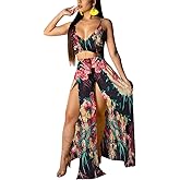 EOSIEDUR Women's Chiffon Bohemian Floral Printed 2 Piece Sets Crop Cami Top & Split Beach Party Maxi Dress