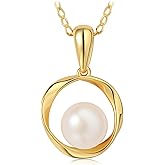 RYANEE Love Eternal Mobius Ring 5mm Button Shape Freshwater White Pearl Necklace 925 Sterling Silver 14K Yellow Gold Plated Pendant for Women With 18 Inches Chain Birthstone Wedding Trendy Party