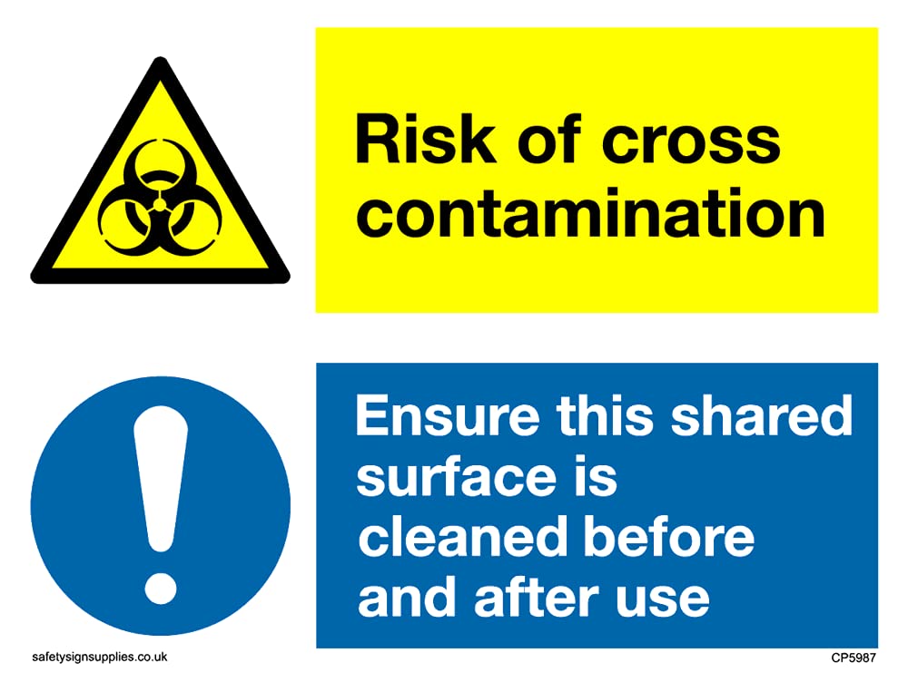 Pack of five - dual biohazard triangle and mandatory exclamation circle Sign - 100x75mm - A7L