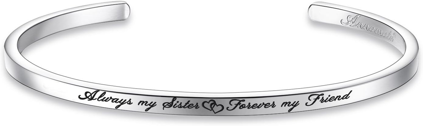 Annamate Engraved Message Inspirational Link Bar Cuff Bangle Bracelet for Women (Always My Sister Forever My Friend - Cuff - Silver)