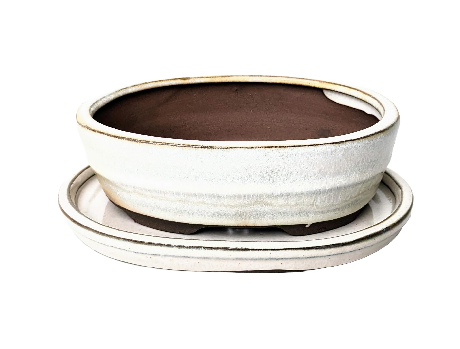 Glazed Ceramic Bonsai Pots with Matching Drip Trays (Cream, 16cm)