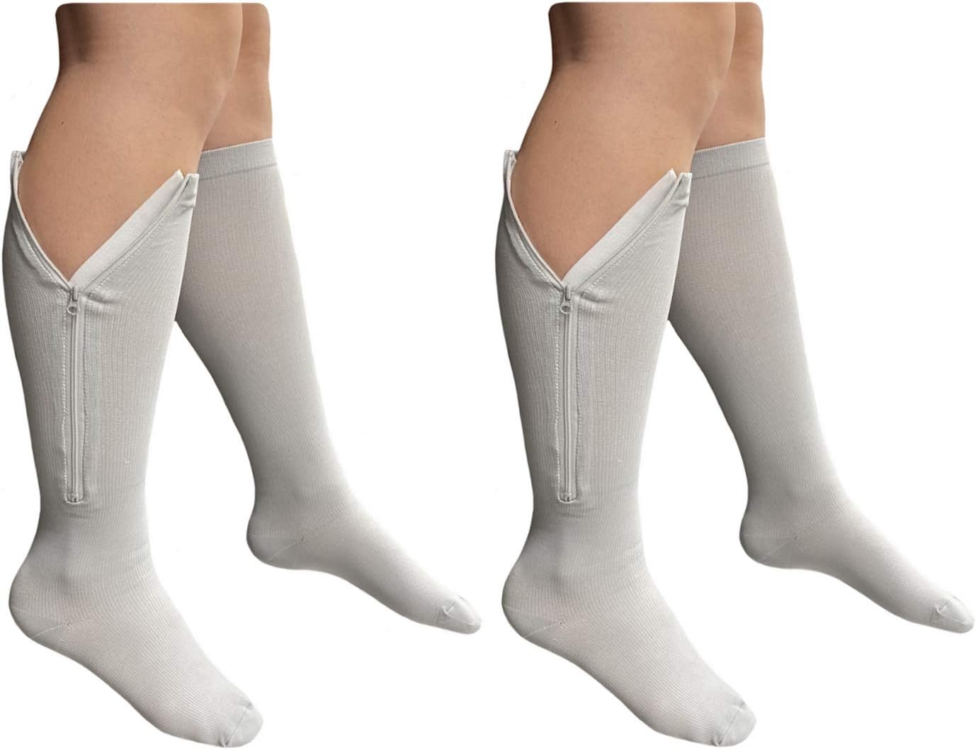 HealthyNees2 Pairs Set Combo Closed Toe 15-20 mmHg Zipper Compression Socks Leg Fatigue Calf Circulations Support Grey (S/M)