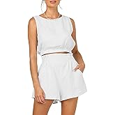 Eurivicy Women's 2pcs Summer Outfits Sleeveless Crop Tank Top and High Waist Pocketed Shorts Loose 2 Piece Short Sets