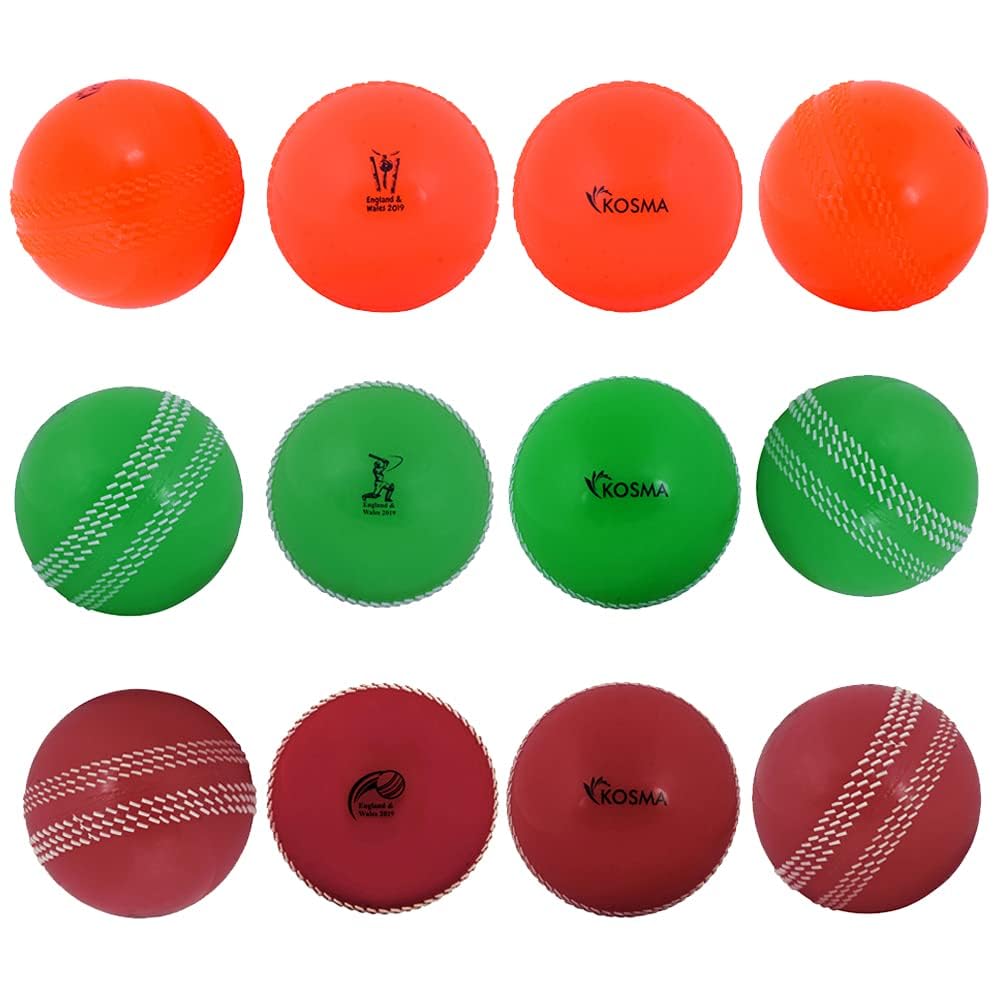 Kosma Pack of 12 Windball Cricket Ball | Indoor & Outdoor Soft Training Cricket Ball for Coaching Practice (4Pc Each of Orange, Green with White seam & Red with White seam),standard,KG-26286