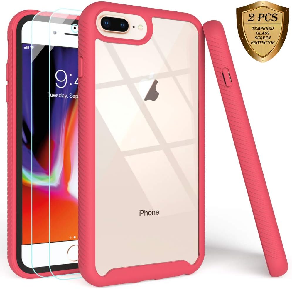 LUCKYCAT iPhone 7 Plus Case,iPhone 8 Plus Case with Tempered Glass Screen Protector [2 Pack], Shockproof Clear Multicolor Series Bumper Cover for 5.5 Inch Apple iPhone 6/6s/7/8 Plus-Rose