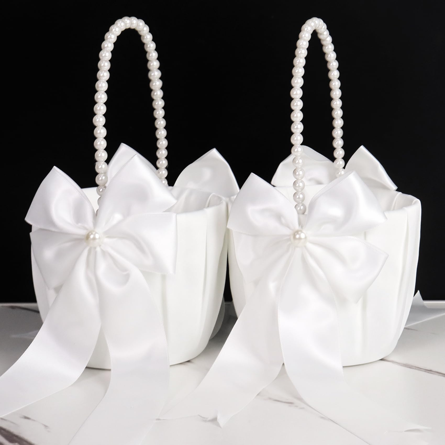 2 Pack Flower Girl Baskets for Weddings, White Flower Basket with Pearl Handle