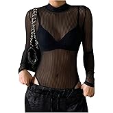 SHENHE Women's Long Sleeve Mesh Bodysuit Mock Neck Sheer Top Sexy Date Night Bodysuit Shirt