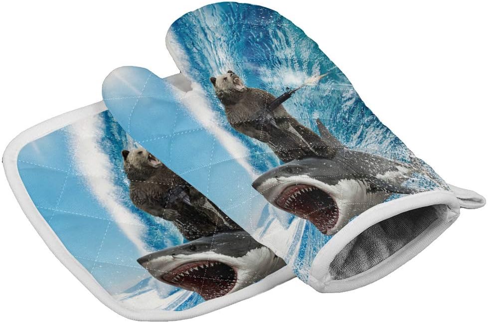 Chic D Kitchen Oven Mitts Gloves and Pot Holders Sets,Ocean Theme Funny Bear Shark Surfing Heat Resistant Oven Mittens and Potholders Hot Pads Set Non-Slip for Cooking BBQ Baking Grilling