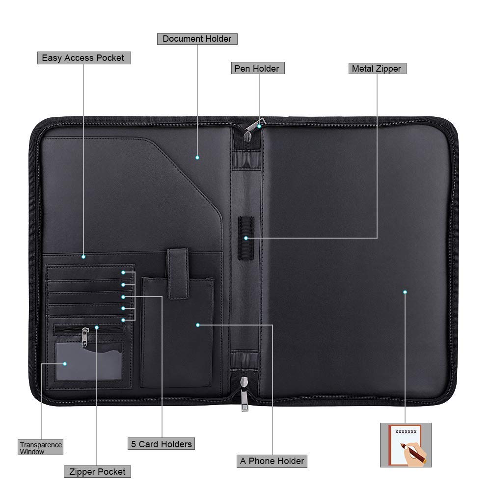 Fireproof Padfolio Portfolio Business File Folder with Zippered Pockets Fire and Water Resistant Executive Writing Pad,Personal Document Organizer Folder,Planners, Briefcase for Travel