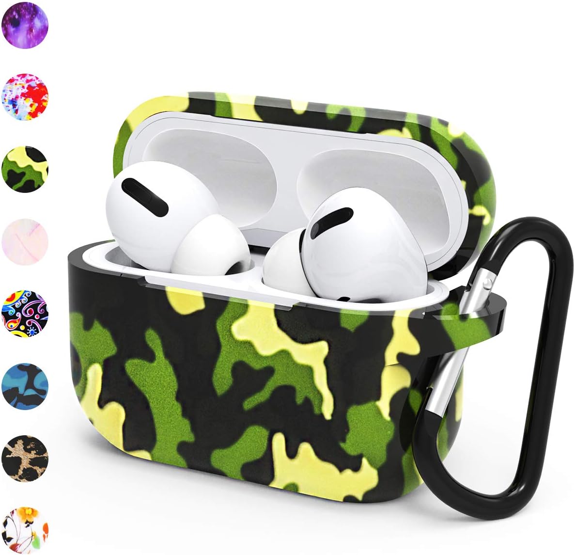 HUMENN Protective Cover Compatible with AirPods Pro Case, Soft Silicone Fadeless Pattern Printed Case Cover for Airpods pro 2019 with Carabiner(Green Camouflage)