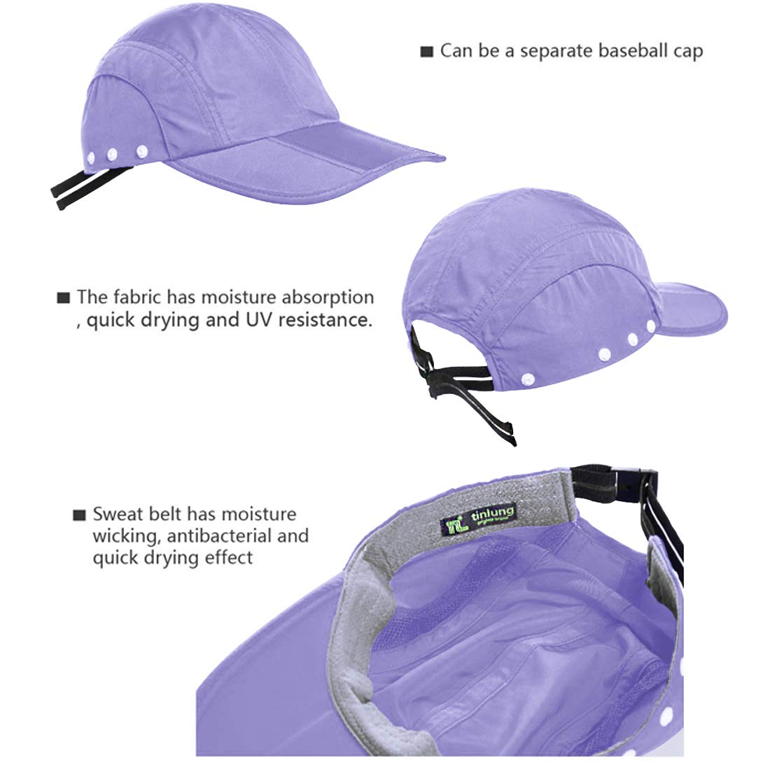 TINLUNG Sun Caps UV Protection UPF 50+Flap Hats Removable Face Neck Flap Cover Caps Shade Hat for Women Men Baseball Backpacking Cycling Hiking Fishing Garden Hunting (Violet