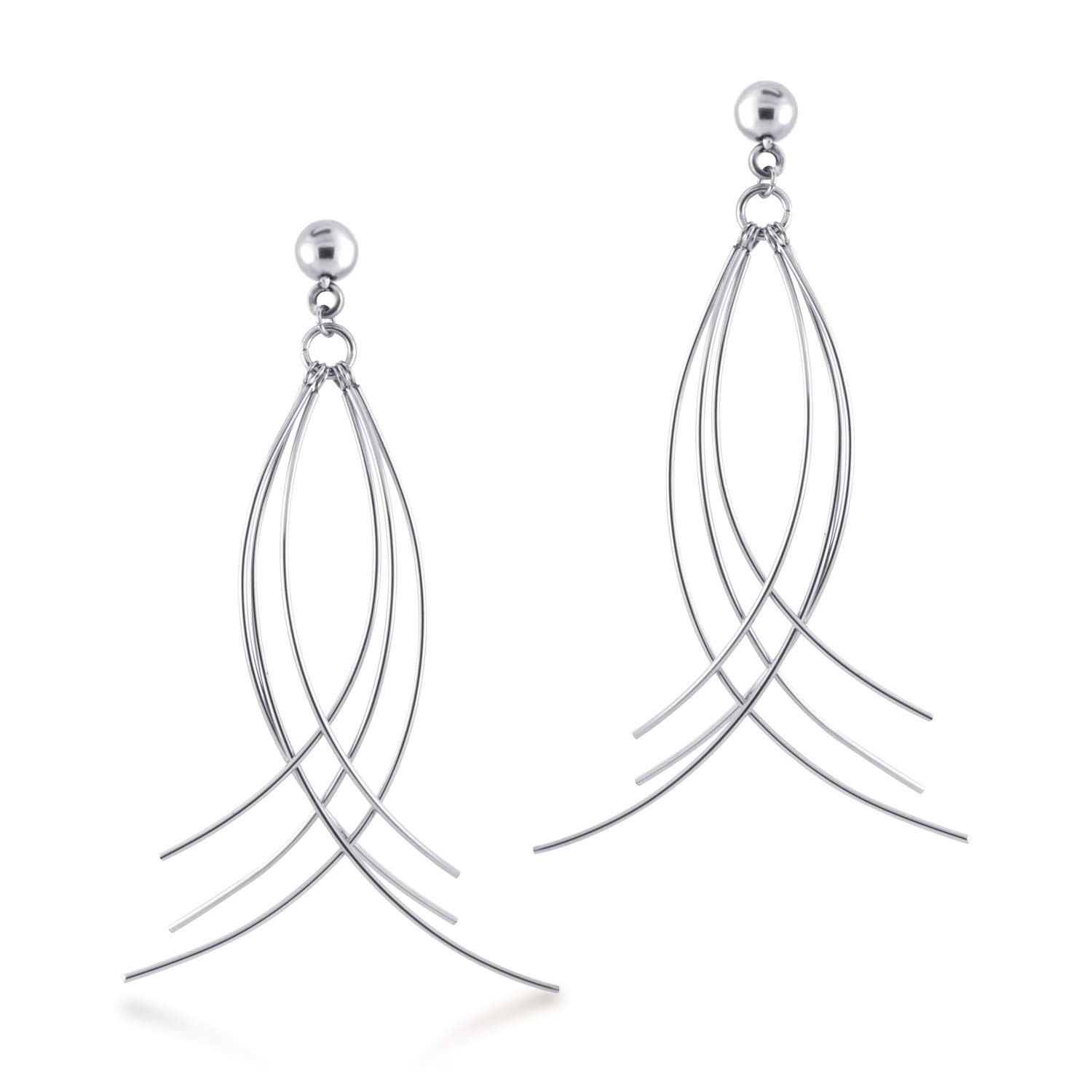 555Jewelry Womens Stainless Steel Curved Dangle Threader Drop Shiny Hanging Stud Metal Shiny Post Stud Push Back Statement Party Trendy Fashion Jewelry Accessory Earrings, Silver