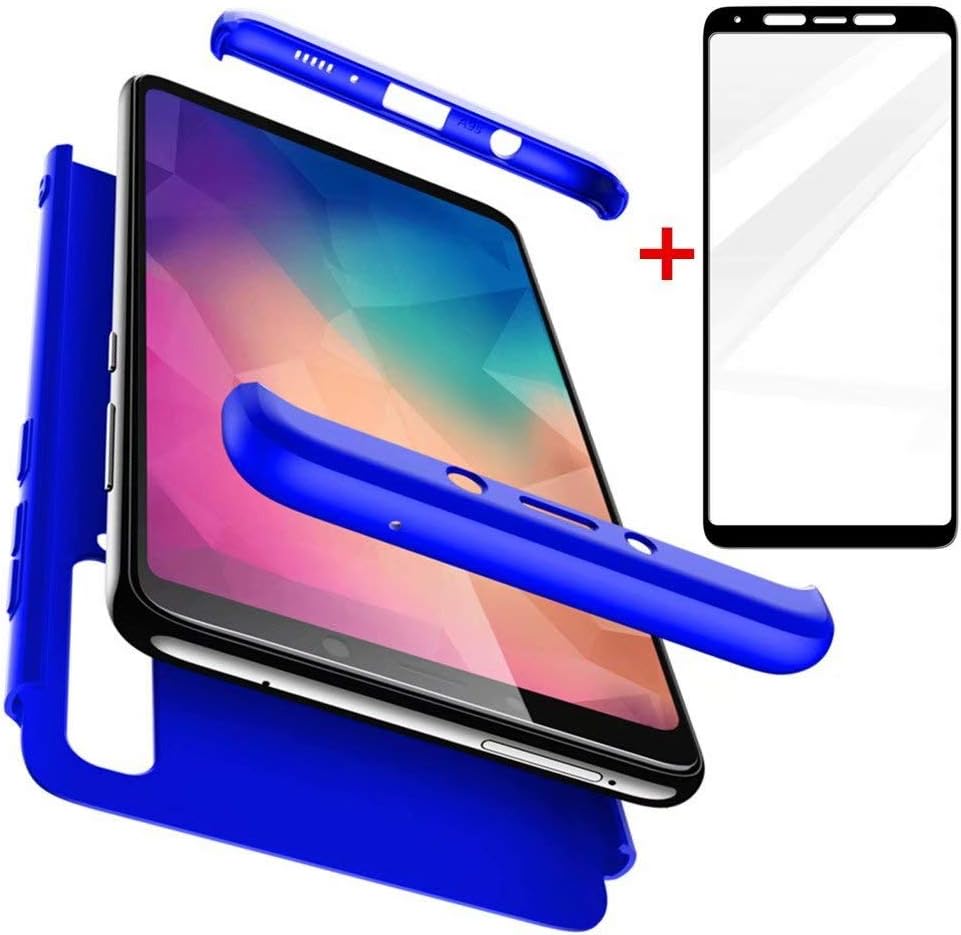 AILZH compatible Samsung A9(2018)/A9S Case+Tempered glass film 360 Degree Protective Cover PC Hard Shell Anti-Shock Shockproof Full Body Anti-Scratch Bumper Matte Protection(blue)