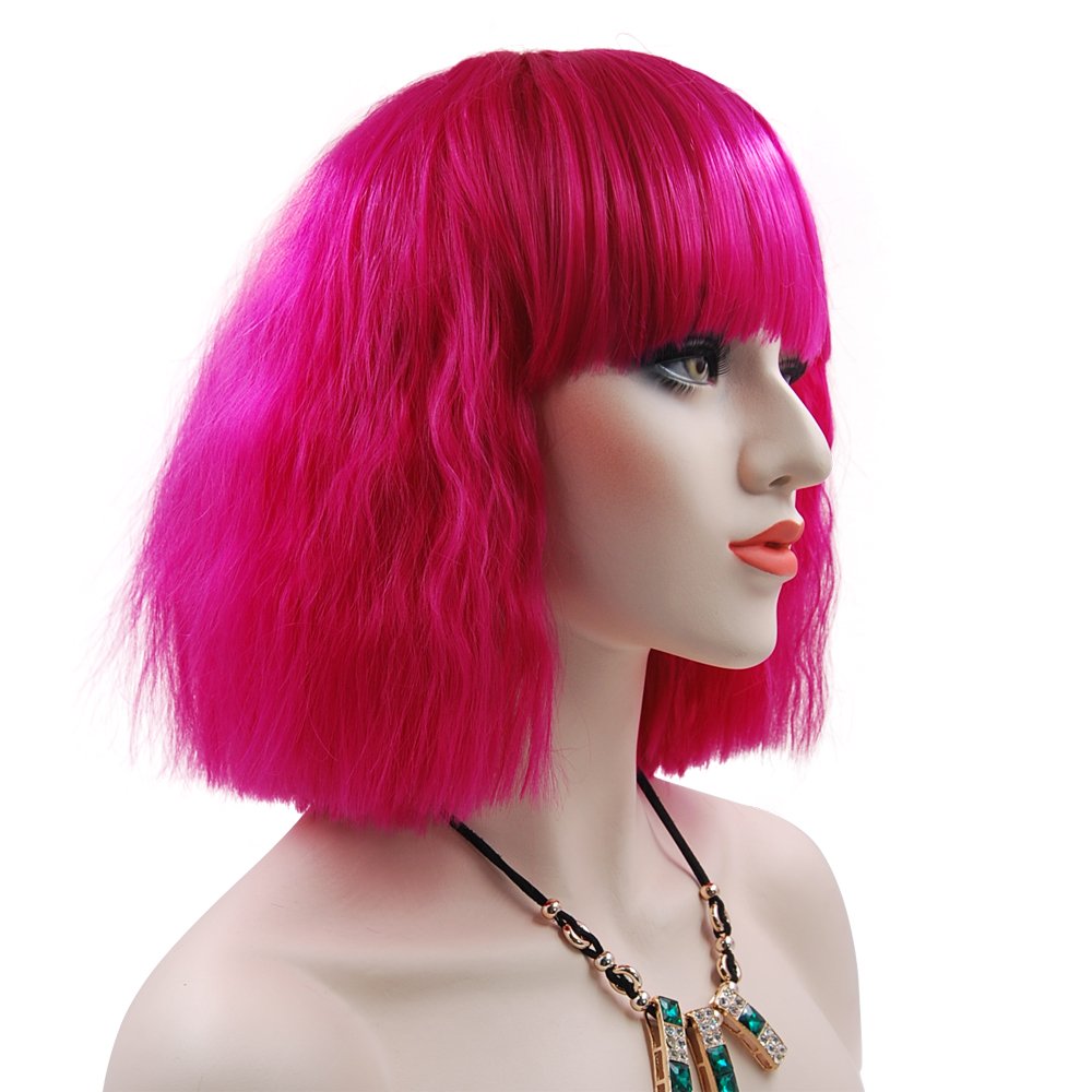 eNilecor Women Short Bob Fluffy Hair Full Wigs with Bangs Heat Resistant Kinky Straight Custom Cosplay Party Wigs (Rose Hot Pink)