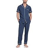 MAYFISH Mens Pajamas Set 100% Cotton Men's Short Sleeve Long Pants Sleepwear Soft Loungewear Button Down 2 Pieces Pjs Set