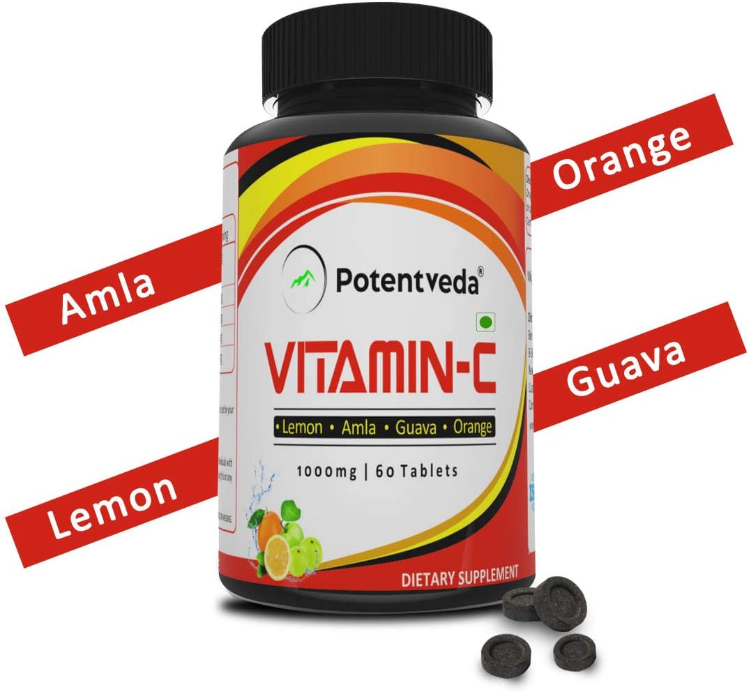 Potentveda Natural Vitamin C 1000mg Ascorbic acid Amla, Orange, Lemon,Guava Chewable 60 tablets High Potency Formula for Men & Women (1)