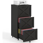 3 Drawers Tall Farmhouse File Cabinet with Wheels for Home Office, Black | Halitaa Vertical Filing Cabinet Fits Letter/A4 Size, Rolling File Cabinet Wooden Printer Stand for Home Office