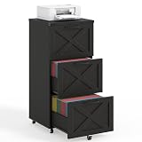 Halitaa 3 Drawer Tall File Cabinet with Wheels, Farmhouse Vertical Filing Cabinet Fits Letter/A4 Size, Rolling File Cabinets Wooden Printer Stand for Home Office, Black