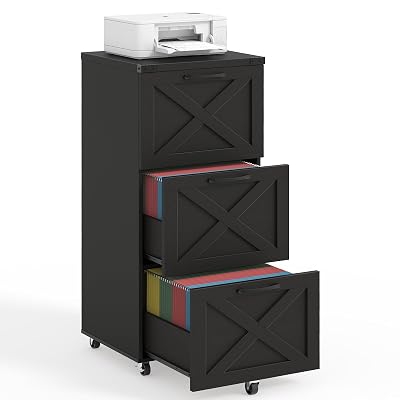 Halitaa 3 Drawer Tall File Cabinet with Wheels, Farmhouse Vertical Filing Cabinet Fits Letter/A4 Size, Rolling File Cabinets Wooden Printer Stand for Home Office, Black
