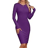 Qaffier Bodycon Dresses for Women Long Sleeve Dress Casual Crew Neck Slim Fitted Fleece Midi Dresses