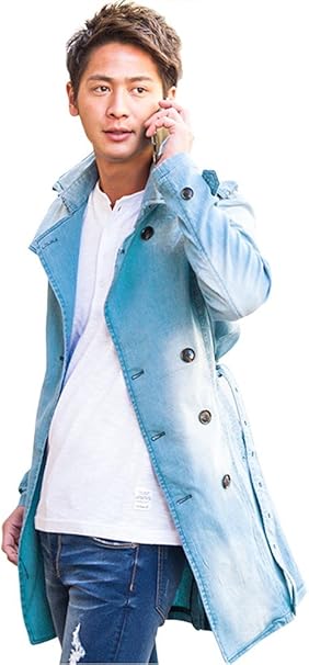 Amazon キャバリア Cavaria メンズ デニム トレンチコート ロング ストレッチ ワイヤー シンプル 上着 羽織 46 L 70 Sax サックス コート ジャケット 通販