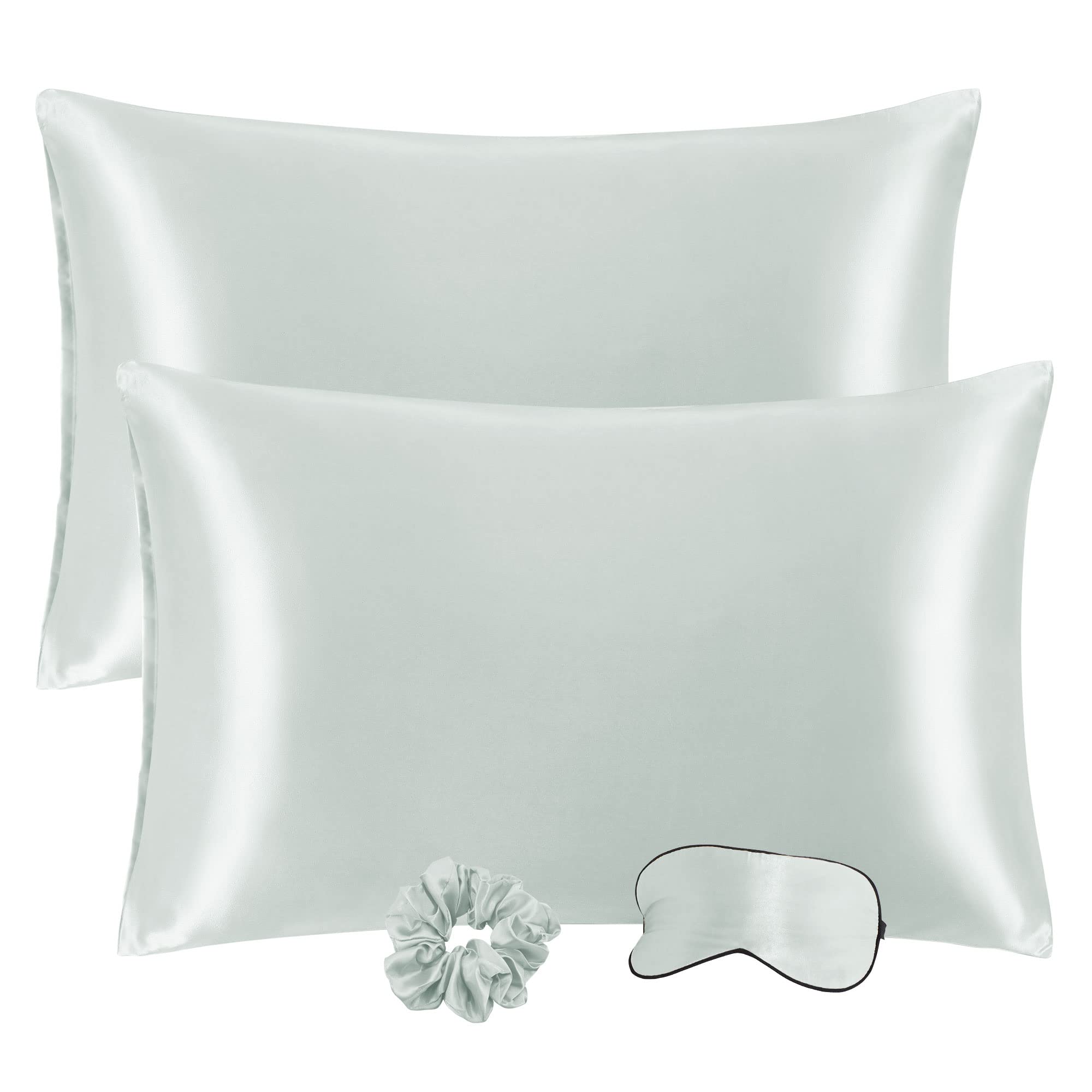 PiccoCasa Satin Pillowcases for Hair and Skin with Eye Mask and Scrunchie Soft Pillowcase 2 Pack Envelope Closure Silky Bed Pillow Covers Set for Sleeping Grey 50 x 90cm