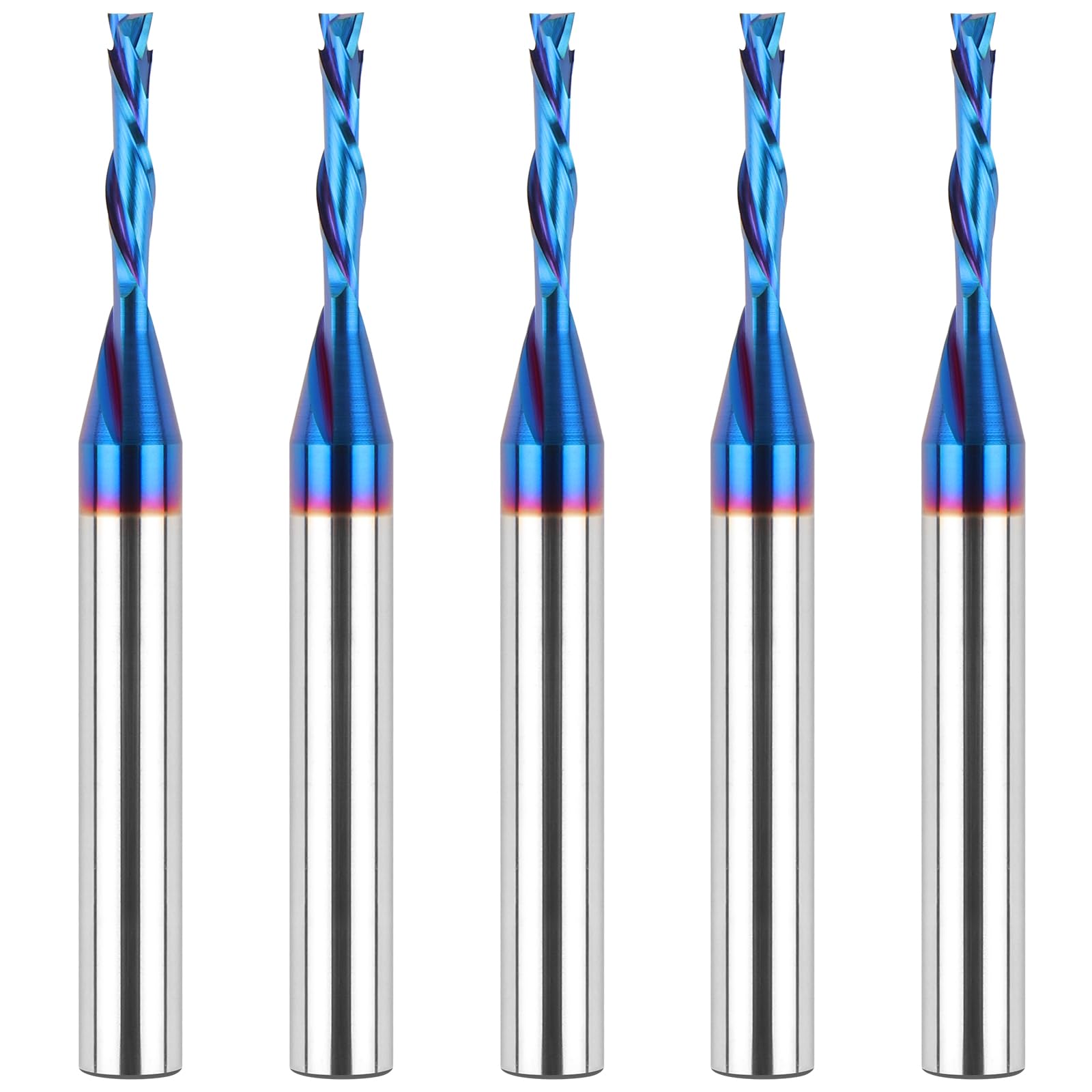 Photo 1 of EANOSIC 5PCS Spiral Router Bits Up Down Compression Bit 1/8 inch Cutting Diameter, 1/4 inch Shank Solid Carbide CNC End Mill with Nano Blue Coating for Wood Carving Engraving Grinding