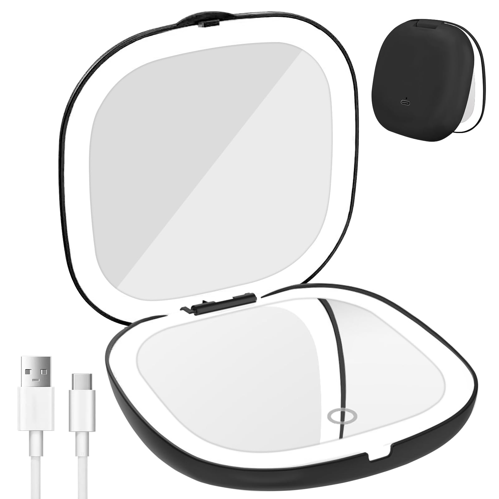 WoskjXas Compact Mirror, 1x/10x Magnifying Pocket Mirror, Handheld 2-Sided Magnetic Switch Fold Mirror, Small Travel Makeup Mirrors,3 Colors Brightness Adjustable for Handbag,Gifts (Black)