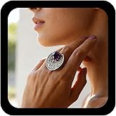 Andelaisi Boho Purple Crystal Finger Ring Vintage Tribe Carving Wrap Open Ring Silver Fan Shaped Pattern Knuckle Ring Ethnic Adjustable Stacking Ring Jewelry for Women