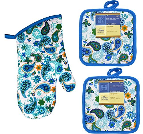 Cute Blue Paisley Oven Mitt and Pot Holders. Heat Resistant, Great for BBQ, Cooking, and Baking. Home Collection Springtime Beautifully Designed Kitchen Linen. Set of 3
