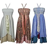 Womens Summer Sundress Vintage Recycled Silk Sari Two Layer Pretty precession Halter Dress Wholesale Lot Of 3 Pcs