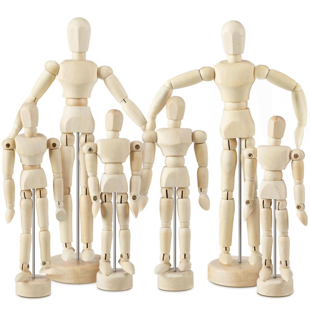 Qarmijaer 6 Pcs Artist Mannequin Model Set Kit Wooden Manikin Drawing Moveable Figure Model Set Kit with Stand Flexible Jointed Mannequin