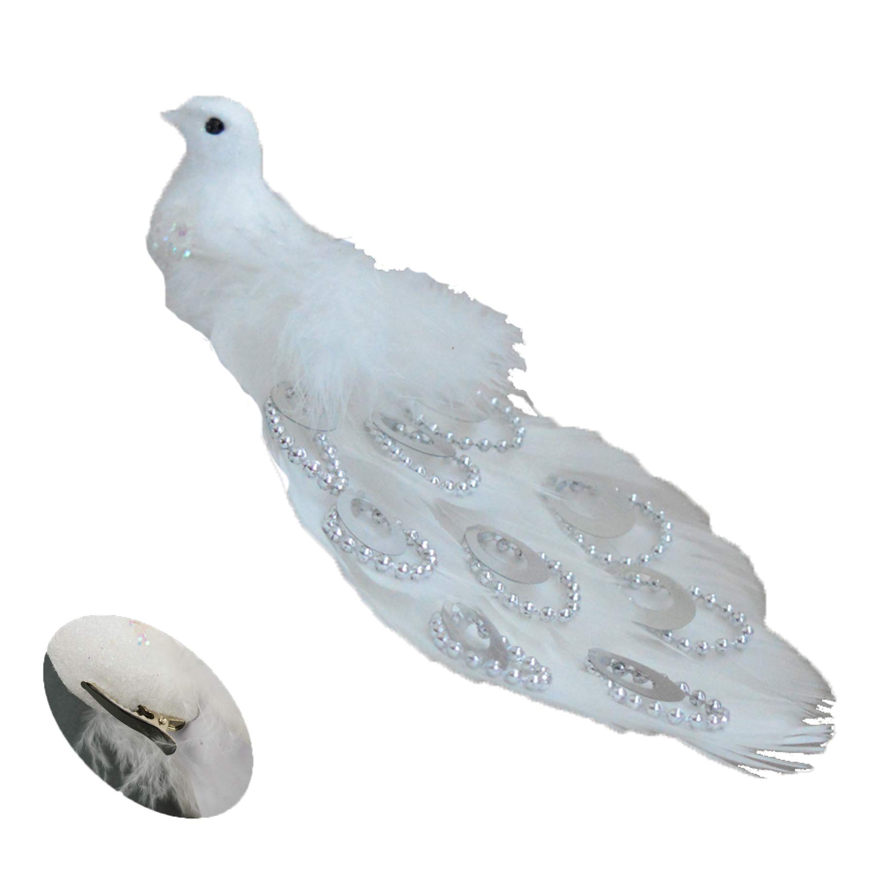 21cm Long Beaded Tail Peacock Clip on Bird Christmas Tree Decoration - White