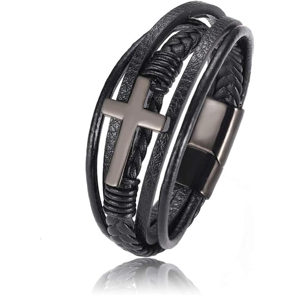 Jennoria Men's Brown Leather Bracelet - Multi-Layer Braided Cross Bracelet, Religious Confirmation Gift
