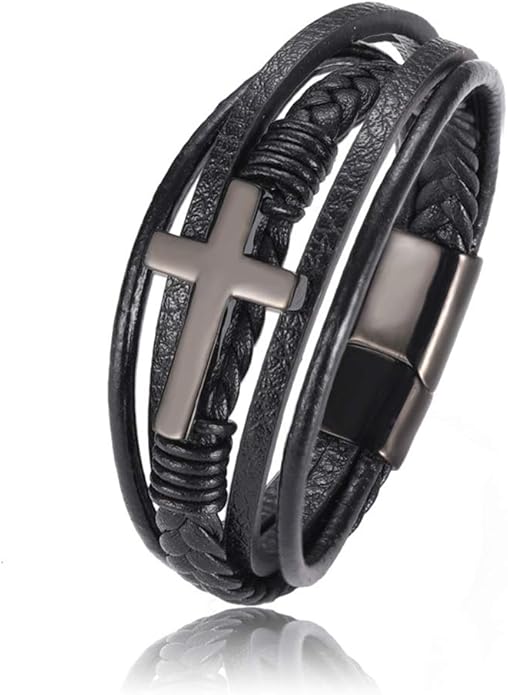 Vanski Mens Black Leather Bracelet MultiLayer Braided Leather Cross