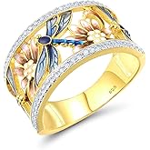 Santuzza 925 Sterling Silver Dragonfly Openwork Ring Cubic Zirconia Enamel Flower Ring 14K Gold Plated Vintage Jewelry